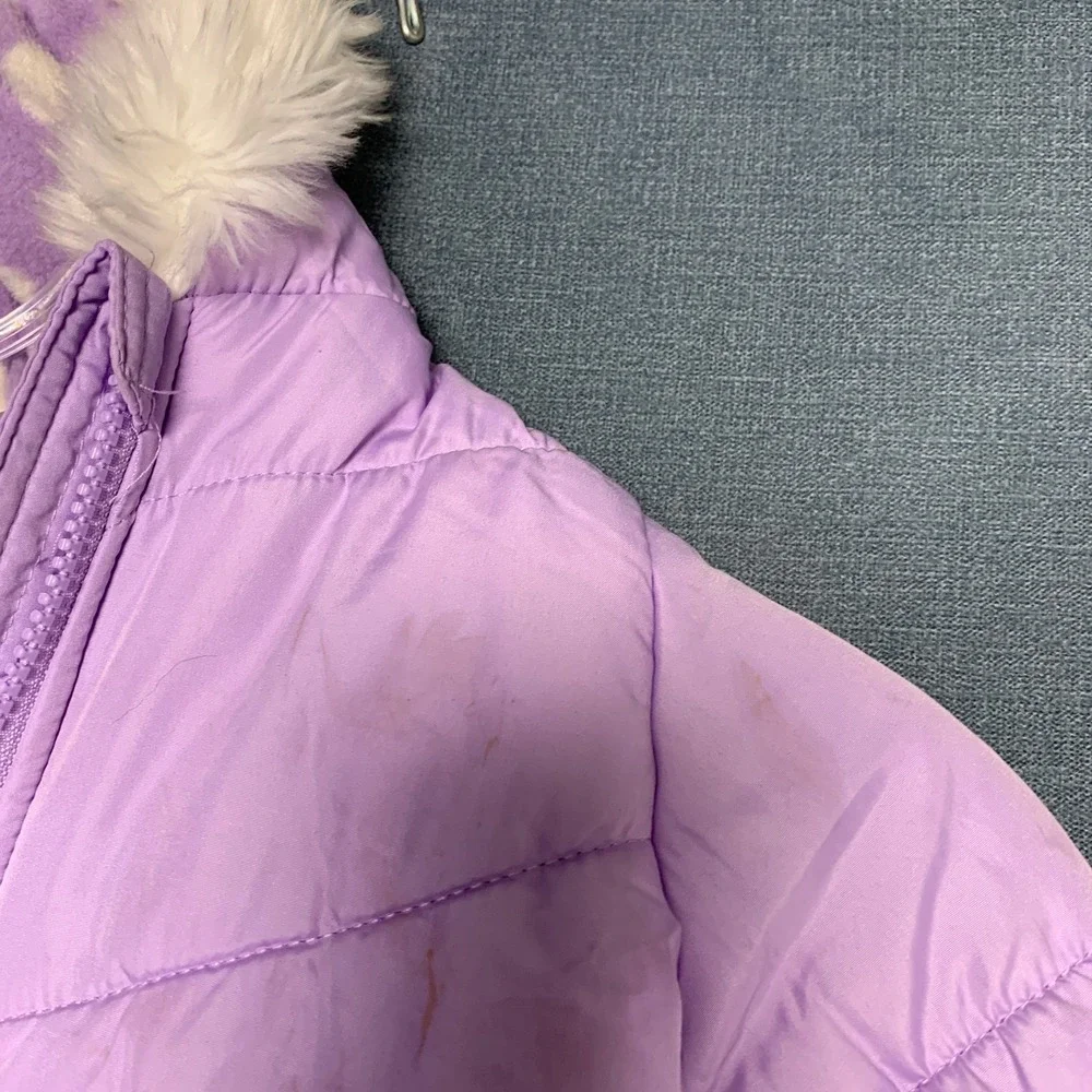 London Fog Puffer Jacket Girls S/4 Purple Faux Fur Trim Hood Fleece Lined Warm
